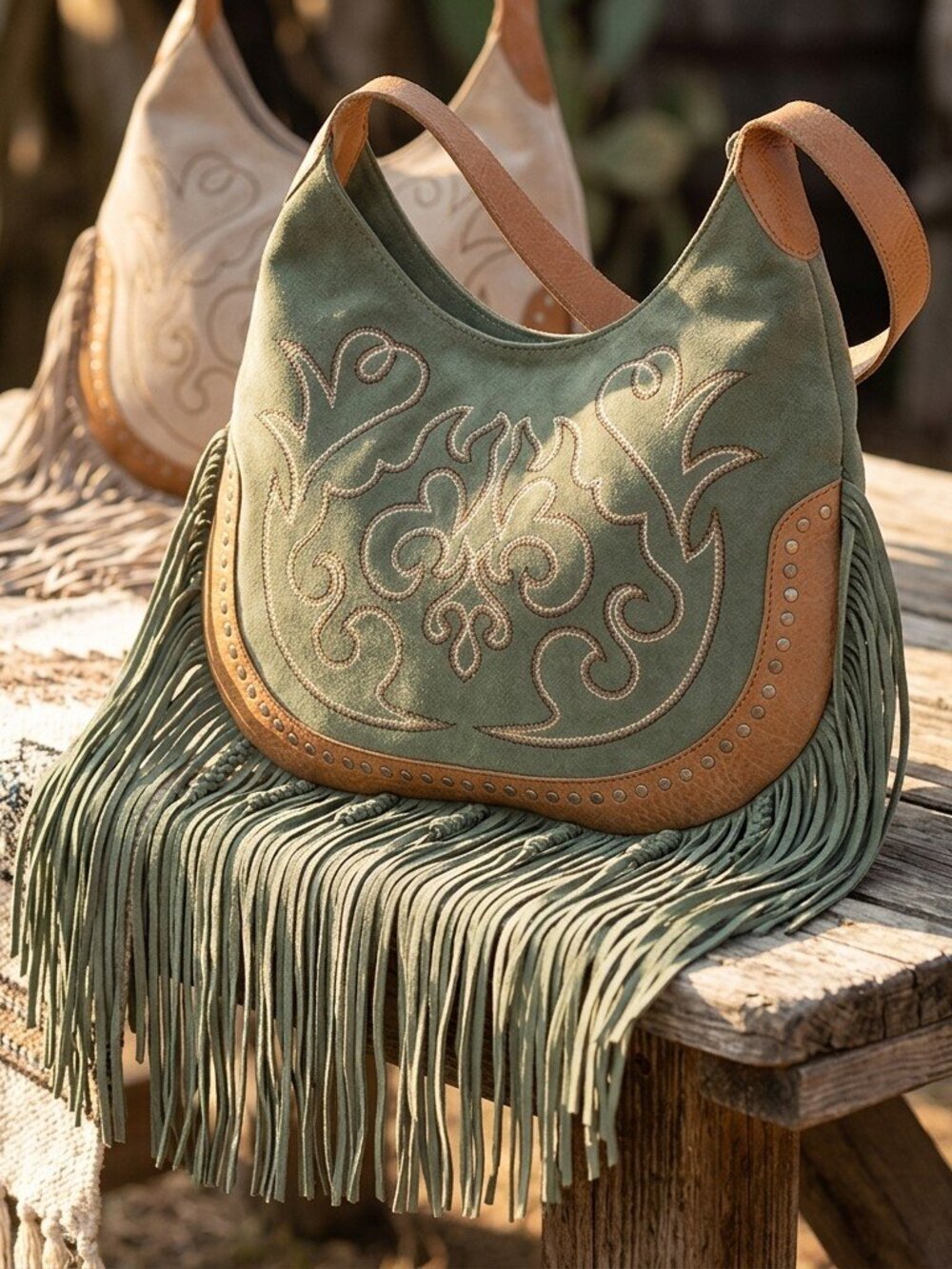 Sage Whisper Fringe Leather Bag in Green - Picture 4 of 5